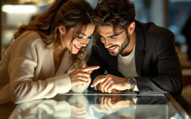 Couple selecting an engagement ring that matches personal style.