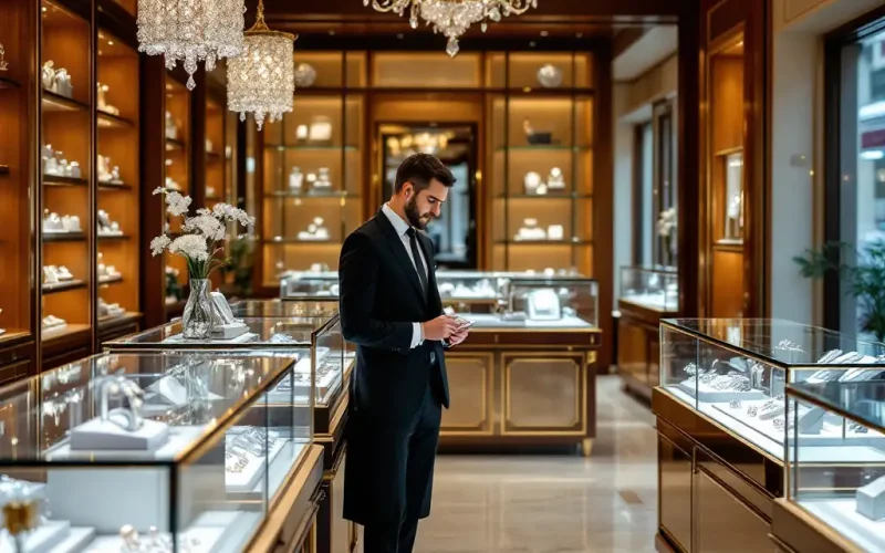 Couple choosing between online and local jewelers for an engagement ring.