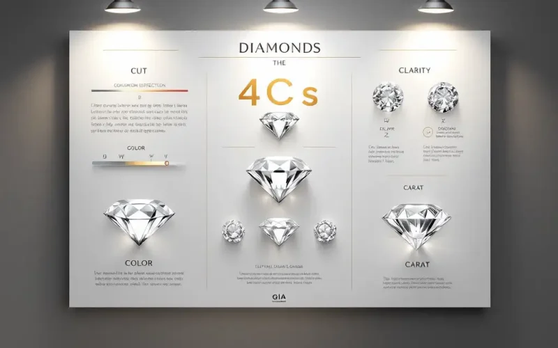Diamond ring highlighting the 4Cs: cut, color, clarity, carat.