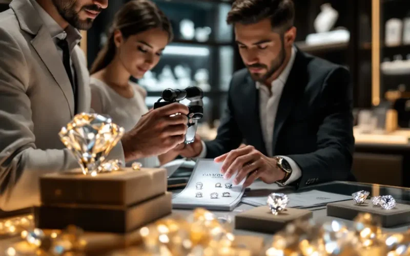 Illustration of diamond shopping tips including certification, budget, and sustainability.