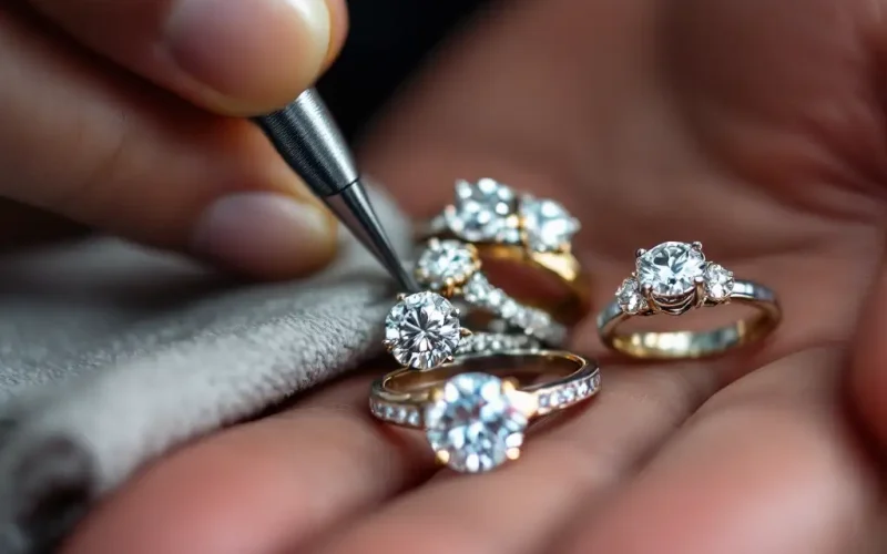 A jeweler inspecting a diamond ring under magnification.