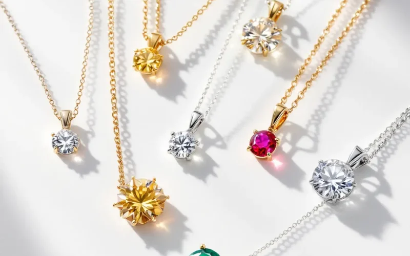 Different necklace metals and gemstones.