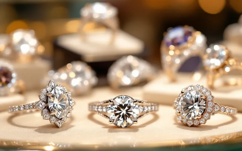 “Elegant Engagement Rings on Display” Elegant diamond engagement rings on display in a jewelry store.