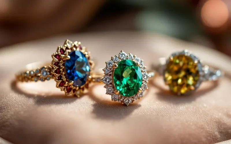 Engagement Ring Trends for 2025 "Three vintage-inspired engagement rings with colorful gemstones: sapphire, emerald, and yellow diamond."