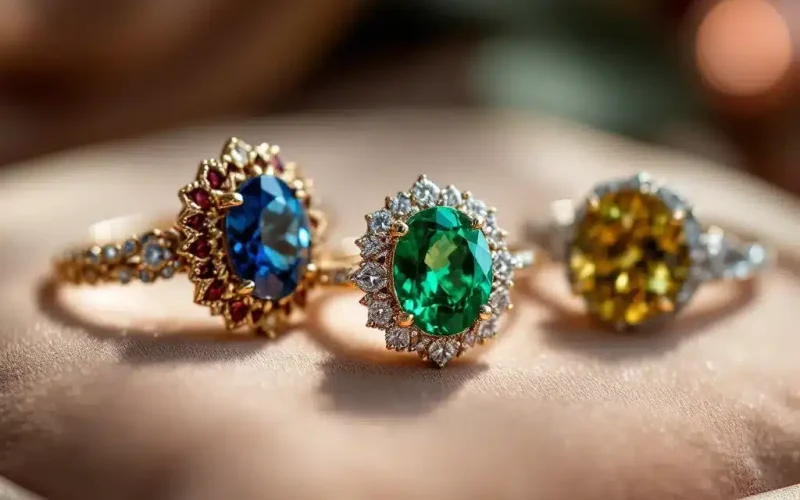"Three vintage-inspired engagement rings with colorful gemstones: sapphire, emerald, and yellow diamond."