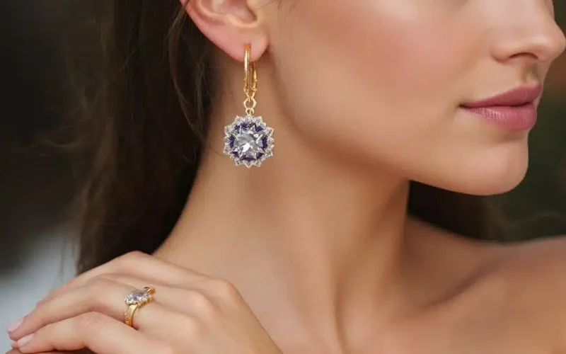"Lab-grown diamonds and recycled gold jewelry showcasing sustainable practices in 2025."