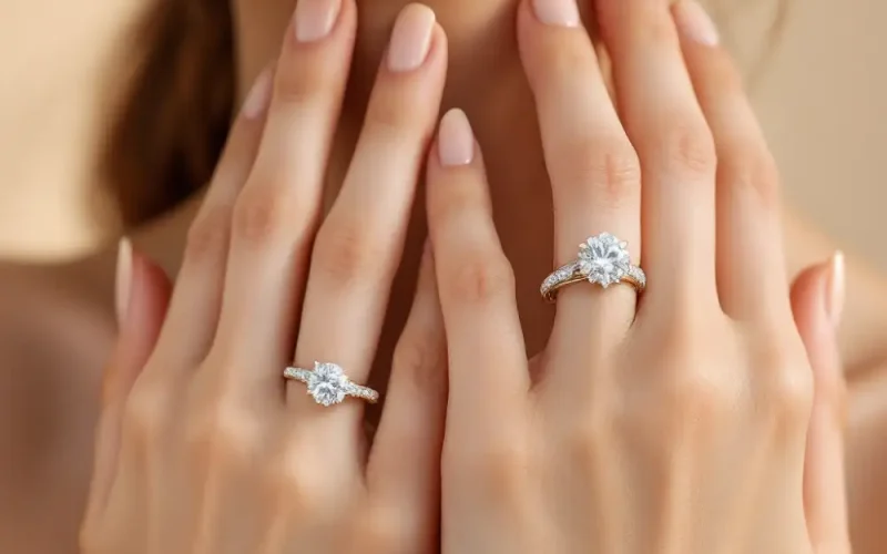 Moissanite and diamond engagement rings side by side.