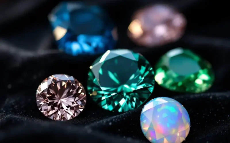 Assorted alternative gemstones for jewelry: sapphires, emeralds, morganite, and opals.