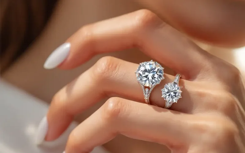 Moissanite and diamond rings highlighting their sparkle and durability.