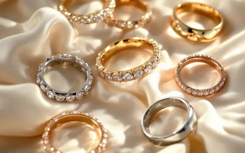 Assorted wedding rings with different metals and styles displayed.