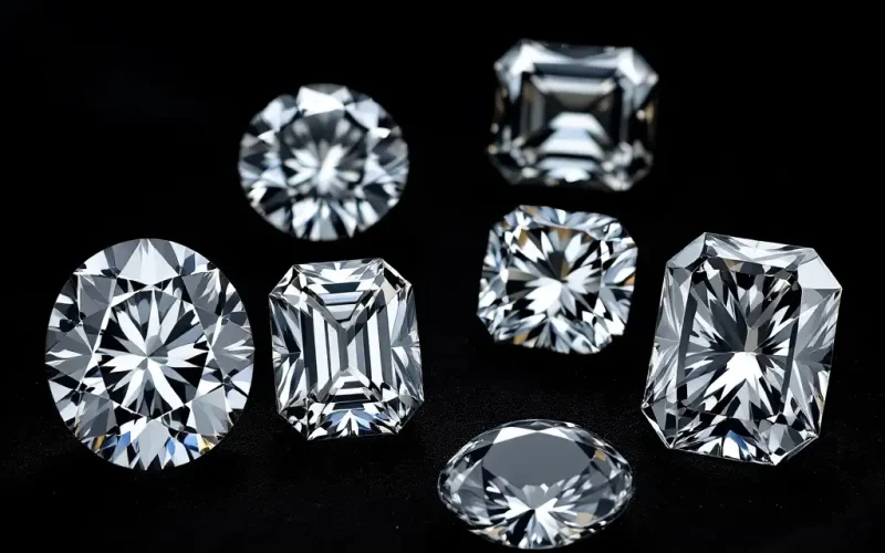 Array of diamond shapes: round, princess, emerald, oval, and cushion.