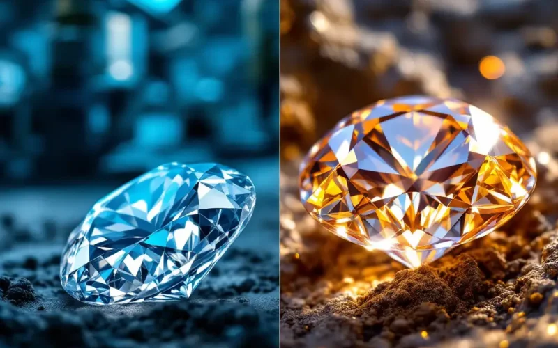 Natural and lab-grown diamonds side by side.