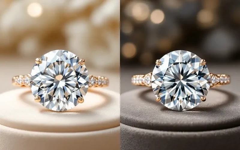 A couple selecting between lab-grown and natural diamonds.