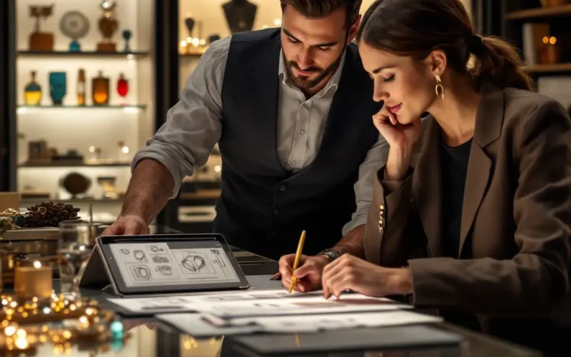 Jeweler consulting with a client on a custom design.