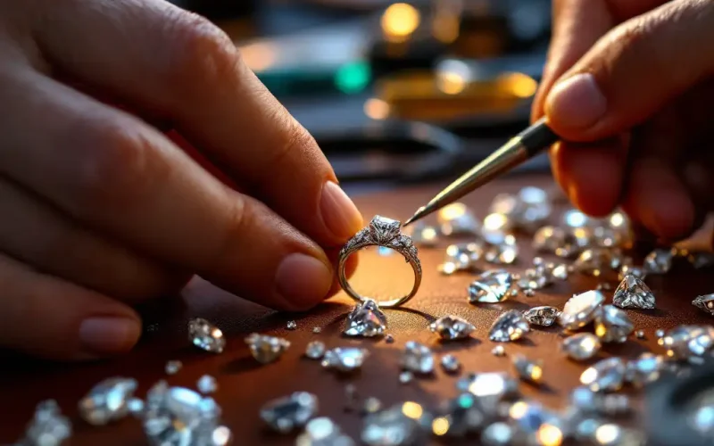 Jeweler inspecting gemstones and metal for quality.