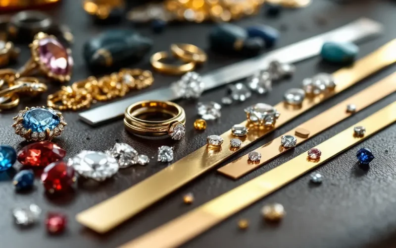 "Selection of metals and gemstones for custom jewelry."