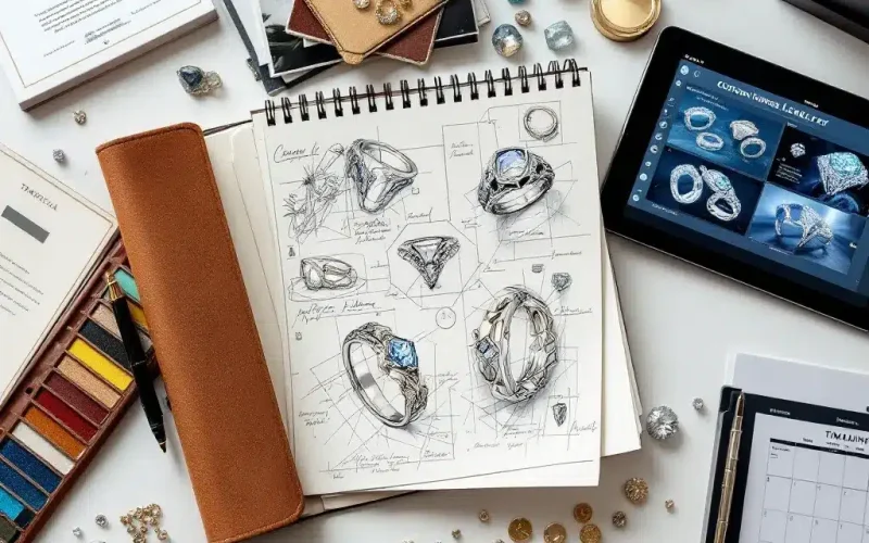 "Hands sketching a custom jewelry design."